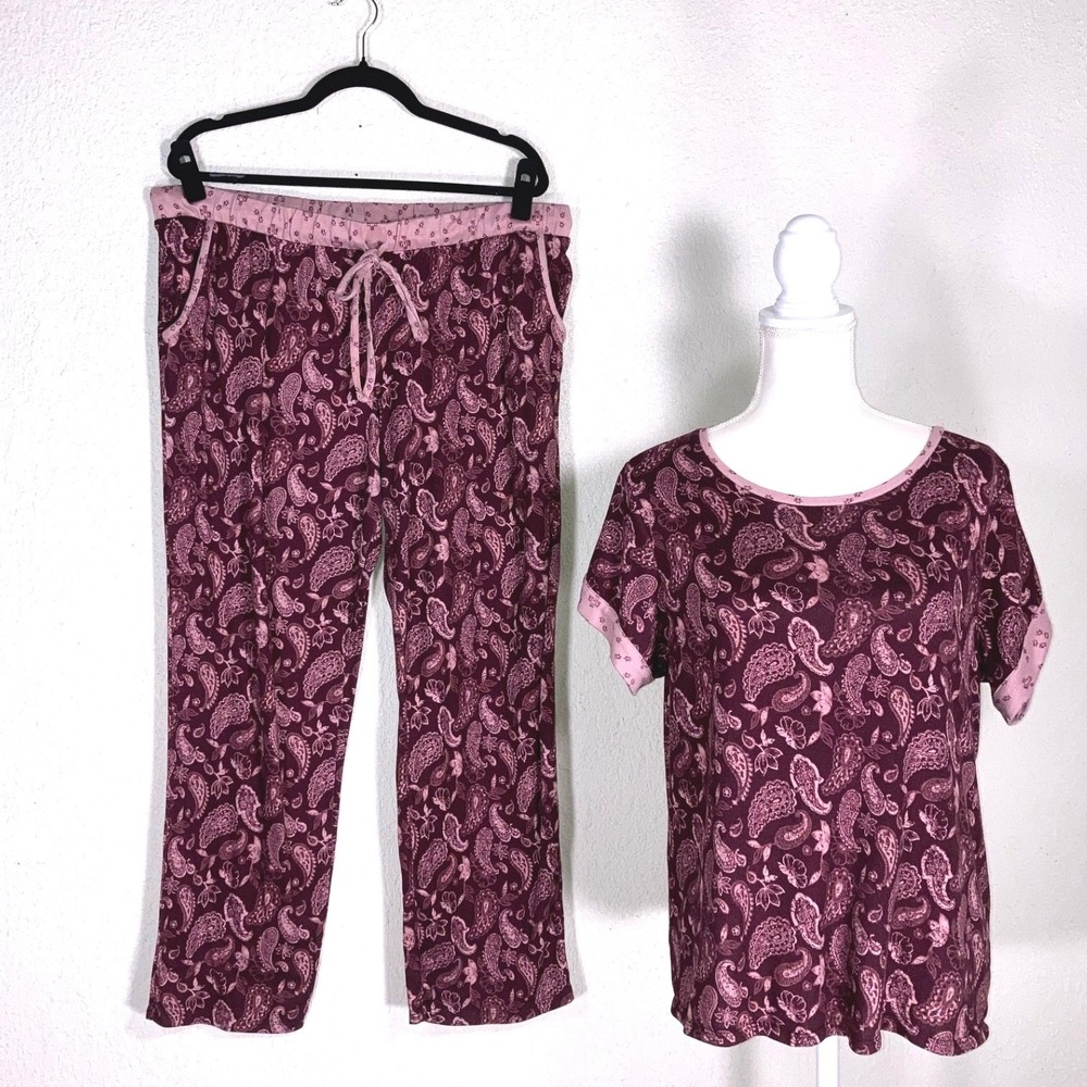 Lucky Brand Womens Paisley Pajama Set Purple Pink Short Sleeve Top Pants XL